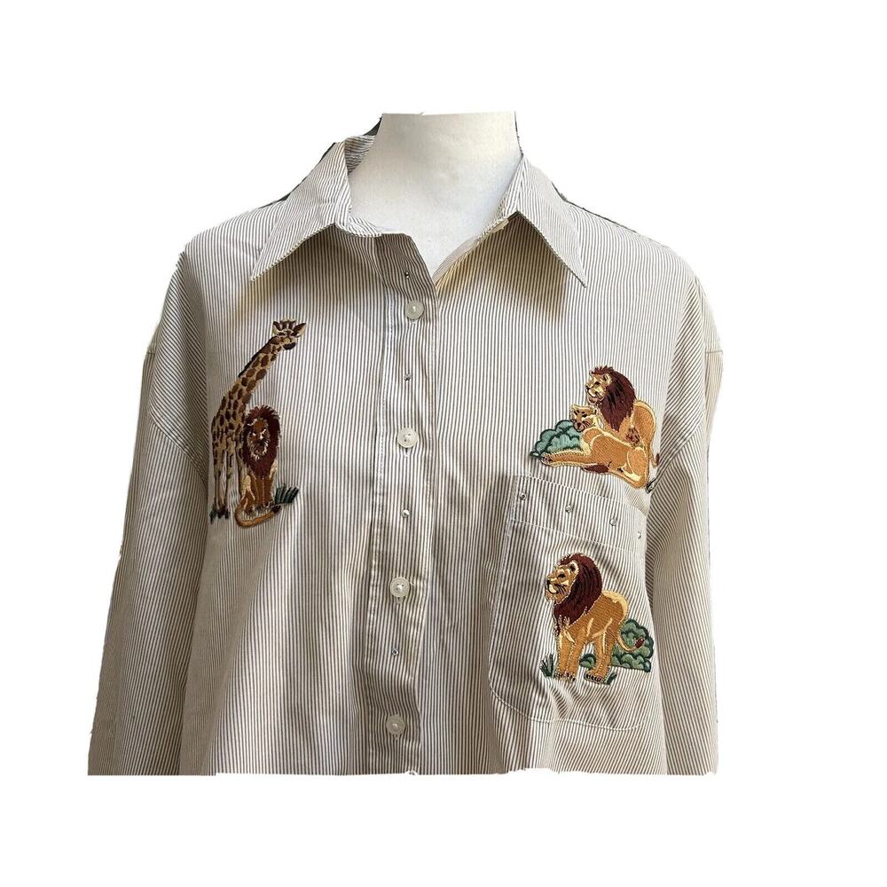 MGM Grand Las Vegas Lion King‎ Embroidered Beige Striped Long Sleeve Button Down